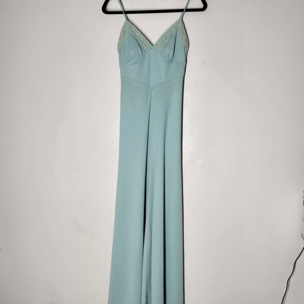 Vintage 1970s Mandy Malone Seafoam Lace Trim Empire Waist Maxi Dress‎ Retro Glam